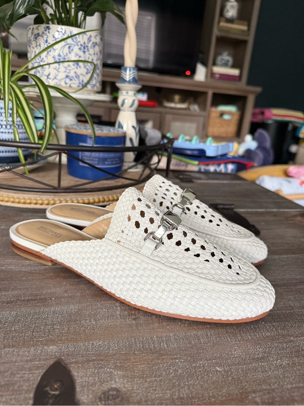 Michael Kors Cream Woven Leather Backless Mules with Silver Hardware